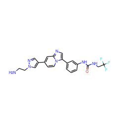 NCCn1cc(-c2ccn3c(-c4cccc(NC(=O)NCC(F)(F)F)c4)cnc3c2)cn1 ZINC000139667896