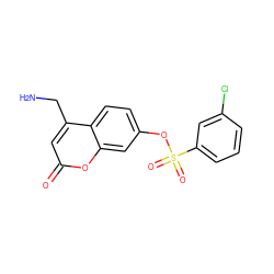 NCc1cc(=O)oc2cc(OS(=O)(=O)c3cccc(Cl)c3)ccc12 ZINC000095581781