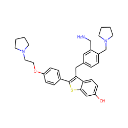 NCc1cc(Cc2c(-c3ccc(OCCN4CCCC4)cc3)sc3cc(O)ccc23)ccc1CN1CCCC1 ZINC000028220430