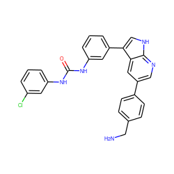 NCc1ccc(-c2cnc3[nH]cc(-c4cccc(NC(=O)Nc5cccc(Cl)c5)c4)c3c2)cc1 ZINC000043070644