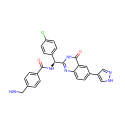 NCc1ccc(C(=O)N[C@@H](c2ccc(Cl)cc2)c2nc3ccc(-c4cn[nH]c4)cc3c(=O)[nH]2)cc1 ZINC000095587137