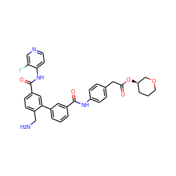 NCc1ccc(C(=O)Nc2ccncc2F)cc1-c1cccc(C(=O)Nc2ccc(CC(=O)O[C@@H]3CCCOC3)cc2)c1 ZINC000206446823