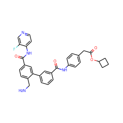 NCc1ccc(C(=O)Nc2ccncc2F)cc1-c1cccc(C(=O)Nc2ccc(CC(=O)OC3CCC3)cc2)c1 ZINC000206446674
