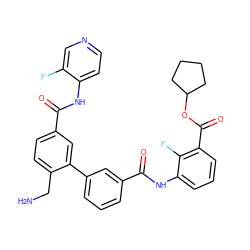 NCc1ccc(C(=O)Nc2ccncc2F)cc1-c1cccc(C(=O)Nc2cccc(C(=O)OC3CCCC3)c2F)c1 ZINC000299866645