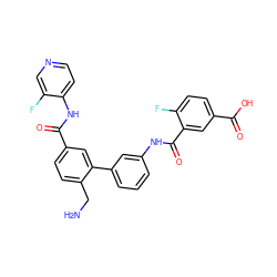 NCc1ccc(C(=O)Nc2ccncc2F)cc1-c1cccc(NC(=O)c2cc(C(=O)O)ccc2F)c1 ZINC000211357795