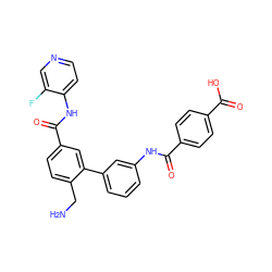 NCc1ccc(C(=O)Nc2ccncc2F)cc1-c1cccc(NC(=O)c2ccc(C(=O)O)cc2)c1 ZINC000299866641