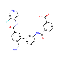 NCc1ccc(C(=O)Nc2ccncc2F)cc1-c1cccc(NC(=O)c2cccc(C(=O)O)c2)c1 ZINC000299858589