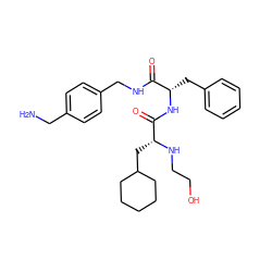 NCc1ccc(CNC(=O)[C@H](Cc2ccccc2)NC(=O)[C@@H](CC2CCCCC2)NCCO)cc1 ZINC000206336718