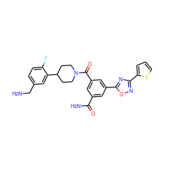 NCc1ccc(F)c(C2CCN(C(=O)c3cc(C(N)=O)cc(-c4nc(-c5cccs5)no4)c3)CC2)c1 ZINC000028458114