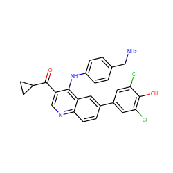 NCc1ccc(Nc2c(C(=O)C3CC3)cnc3ccc(-c4cc(Cl)c(O)c(Cl)c4)cc23)cc1 ZINC000114033371