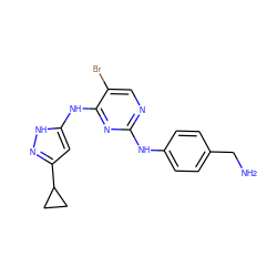 NCc1ccc(Nc2ncc(Br)c(Nc3cc(C4CC4)n[nH]3)n2)cc1 ZINC000038253185