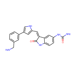 NCc1cccc(-c2c[nH]c(/C=C3\C(=O)Nc4ccc(NC(N)=O)cc43)c2)c1 ZINC000028708333