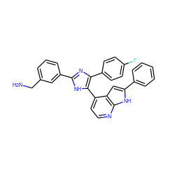 NCc1cccc(-c2nc(-c3ccc(F)cc3)c(-c3ccnc4[nH]c(-c5ccccc5)cc34)[nH]2)c1 ZINC001772604328