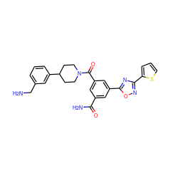 NCc1cccc(C2CCN(C(=O)c3cc(C(N)=O)cc(-c4nc(-c5cccs5)no4)c3)CC2)c1 ZINC000028458343