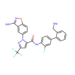 NCc1ccccc1-c1ccc(NC(=O)c2cc(C(F)(F)F)nn2-c2ccc3onc(N)c3c2)c(F)c1 ZINC000014951108