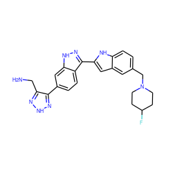 NCc1n[nH]nc1-c1ccc2c(-c3cc4cc(CN5CCC(F)CC5)ccc4[nH]3)n[nH]c2c1 ZINC000014949277