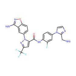 NCc1nccn1-c1ccc(NC(=O)c2cc(C(F)(F)F)nn2-c2ccc3onc(N)c3c2)c(F)c1 ZINC000013611522