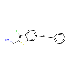 NCc1sc2cc(C#Cc3ccccc3)ccc2c1Cl ZINC000072107285