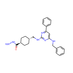 NNC(=O)[C@H]1CC[C@H](CNc2nc(NCc3ccccc3)cc(-c3ccccc3)n2)CC1 ZINC000299827949