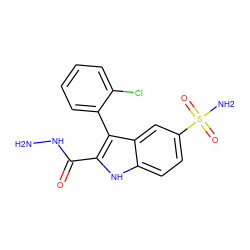 NNC(=O)c1[nH]c2ccc(S(N)(=O)=O)cc2c1-c1ccccc1Cl ZINC000040918897