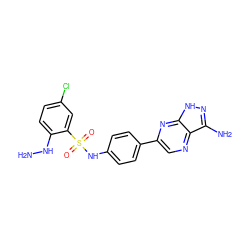 NNc1ccc(Cl)cc1S(=O)(=O)Nc1ccc(-c2cnc3c(N)n[nH]c3n2)cc1 ZINC000148843802