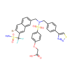 NS(=O)(=O)C(F)(F)c1cc2cc(CN(Cc3ccc(-c4csnn4)cc3)S(=O)(=O)c3ccc(OCC(=O)O)cc3)ccc2cc1Br ZINC000095549477