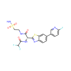 NS(=O)(=O)CCNC(=O)[C@@H](NC(=O)C(F)F)c1nc2ccc(-c3ccc(F)nc3)cc2s1 ZINC000143950973