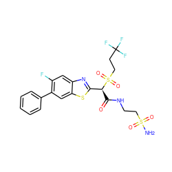 NS(=O)(=O)CCNC(=O)[C@@H](c1nc2cc(F)c(-c3ccccc3)cc2s1)S(=O)(=O)CCC(F)(F)F ZINC000146075239