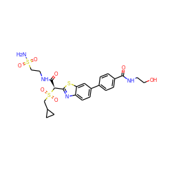 NS(=O)(=O)CCNC(=O)[C@@H](c1nc2ccc(-c3ccc(C(=O)NCCO)cc3)cc2s1)S(=O)(=O)CC1CC1 ZINC000146070124