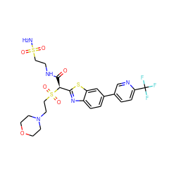 NS(=O)(=O)CCNC(=O)[C@@H](c1nc2ccc(-c3ccc(C(F)(F)F)nc3)cc2s1)S(=O)(=O)CCN1CCOCC1 ZINC000144091240