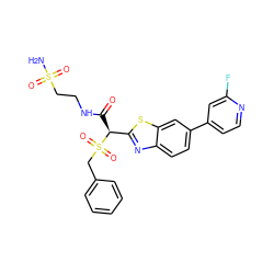 NS(=O)(=O)CCNC(=O)[C@@H](c1nc2ccc(-c3ccnc(F)c3)cc2s1)S(=O)(=O)Cc1ccccc1 ZINC000143965076