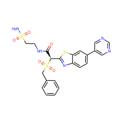 NS(=O)(=O)CCNC(=O)[C@@H](c1nc2ccc(-c3cncnc3)cc2s1)S(=O)(=O)Cc1ccccc1 ZINC000144011494