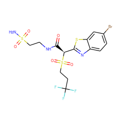 NS(=O)(=O)CCNC(=O)[C@@H](c1nc2ccc(Br)cc2s1)S(=O)(=O)CCC(F)(F)F ZINC000146073577