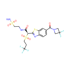 NS(=O)(=O)CCNC(=O)[C@@H](c1nc2ccc(C(=O)N3CC(F)(F)C3)cc2s1)S(=O)(=O)CCC(F)(F)F ZINC000145488161