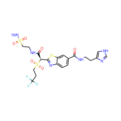 NS(=O)(=O)CCNC(=O)[C@@H](c1nc2ccc(C(=O)NCCc3c[nH]cn3)cc2s1)S(=O)(=O)CCC(F)(F)F ZINC000144634989