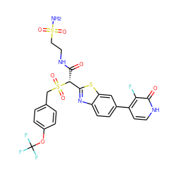 NS(=O)(=O)CCNC(=O)[C@H](c1nc2ccc(-c3cc[nH]c(=O)c3F)cc2s1)S(=O)(=O)Cc1ccc(OC(F)(F)F)cc1 ZINC000222084190