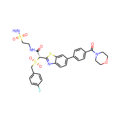 NS(=O)(=O)CCNC(=O)[C@H](c1nc2ccc(-c3ccc(C(=O)N4CCOCC4)cc3)cc2s1)S(=O)(=O)Cc1ccc(F)cc1 ZINC000222078706