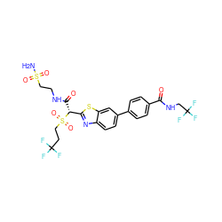 NS(=O)(=O)CCNC(=O)[C@H](c1nc2ccc(-c3ccc(C(=O)NCC(F)(F)F)cc3)cc2s1)S(=O)(=O)CCC(F)(F)F ZINC000222118298