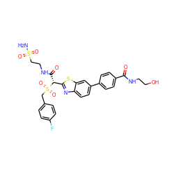 NS(=O)(=O)CCNC(=O)[C@H](c1nc2ccc(-c3ccc(C(=O)NCCO)cc3)cc2s1)S(=O)(=O)Cc1ccc(F)cc1 ZINC000222119110