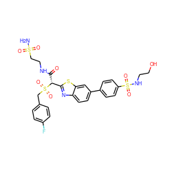 NS(=O)(=O)CCNC(=O)[C@H](c1nc2ccc(-c3ccc(S(=O)(=O)NCCO)cc3)cc2s1)S(=O)(=O)Cc1ccc(F)cc1 ZINC000222119376