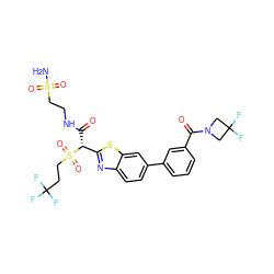 NS(=O)(=O)CCNC(=O)[C@H](c1nc2ccc(-c3cccc(C(=O)N4CC(F)(F)C4)c3)cc2s1)S(=O)(=O)CCC(F)(F)F ZINC000221977329