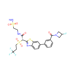 NS(=O)(=O)CCNC(=O)[C@H](c1nc2ccc(-c3cccc(C(=O)N4CC(F)C4)c3)cc2s1)S(=O)(=O)CCC(F)(F)F ZINC000222080843