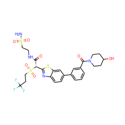 NS(=O)(=O)CCNC(=O)[C@H](c1nc2ccc(-c3cccc(C(=O)N4CCC(O)CC4)c3)cc2s1)S(=O)(=O)CCC(F)(F)F ZINC000221975583