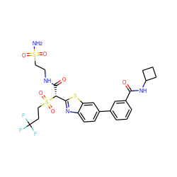 NS(=O)(=O)CCNC(=O)[C@H](c1nc2ccc(-c3cccc(C(=O)NC4CCC4)c3)cc2s1)S(=O)(=O)CCC(F)(F)F ZINC000222120052