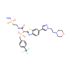 NS(=O)(=O)CCNC(=O)[C@H](c1nc2ccc(-c3cnn(CCN4CCOCC4)c3)cc2s1)S(=O)(=O)Cc1ccc(C(F)(F)F)cc1 ZINC000221987650