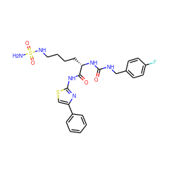 NS(=O)(=O)NCCCC[C@H](NC(=O)NCc1ccc(F)cc1)C(=O)Nc1nc(-c2ccccc2)cs1 ZINC000042875715