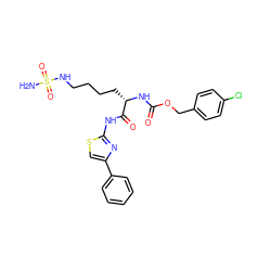 NS(=O)(=O)NCCCC[C@H](NC(=O)OCc1ccc(Cl)cc1)C(=O)Nc1nc(-c2ccccc2)cs1 ZINC000042876016