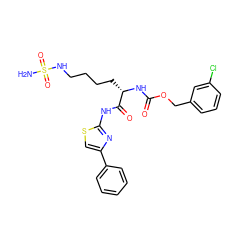 NS(=O)(=O)NCCCC[C@H](NC(=O)OCc1cccc(Cl)c1)C(=O)Nc1nc(-c2ccccc2)cs1 ZINC000044430688