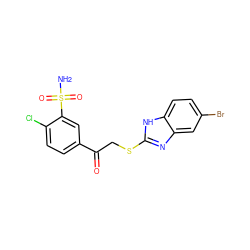 NS(=O)(=O)c1cc(C(=O)CSc2nc3cc(Br)ccc3[nH]2)ccc1Cl ZINC000064512395