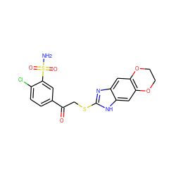 NS(=O)(=O)c1cc(C(=O)CSc2nc3cc4c(cc3[nH]2)OCCO4)ccc1Cl ZINC000058650314